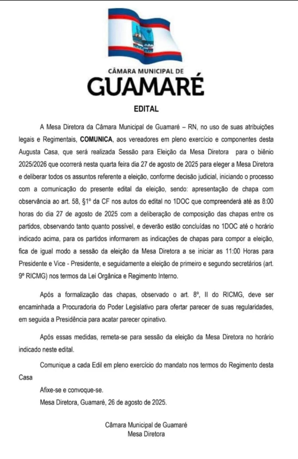 Câmara Municipal de Guamaré comunica Sessão para Eleição da Mesa Diretora – Biênio 2025/2026, nesta quarta-feira, 27 de agosto