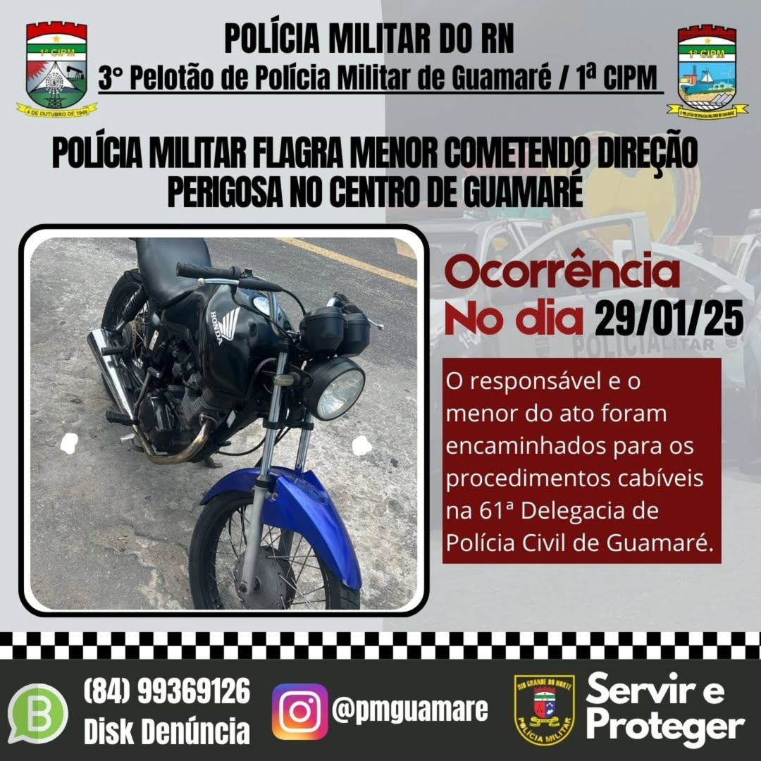 POLÍCIA MILITAR FLAGRA MENOR DE IDADE COMETENDO DIREÇÃO PERIGOSA NO CENTRO DE GUAMARÉ