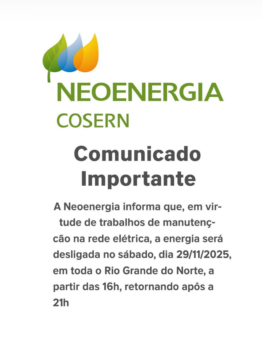 Cosern desmente boato sobre desligamento de energia no RN no sábado
